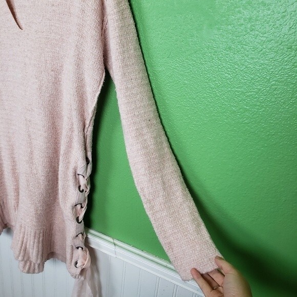 Free People Oversized Baby Pink Knit Tunic Laced Cotton Sweater Dress Size Small - Picture 10 of 11